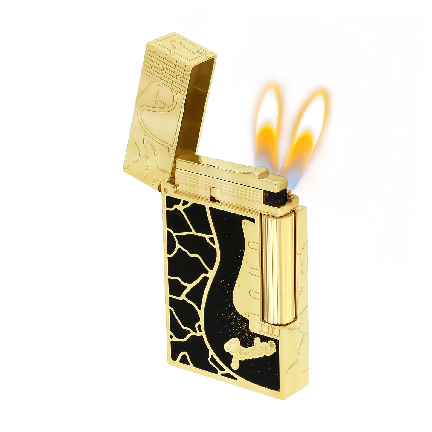 Double Flame S.T. Dupont Ligne 2 Fender Lacquered Gold Lighter#209