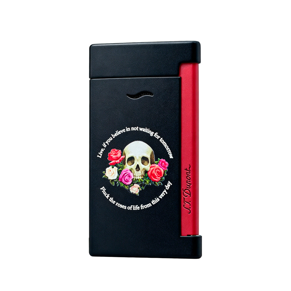 S.T. Dupont Black Red Lighter Slim 7 Skull and Roses Design #004
