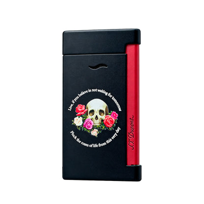 S.T. Dupont Black Red Lighter Slim 7 Skull and Roses Design #004