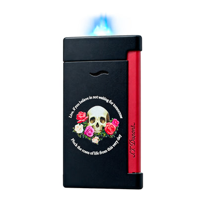 S.T. Dupont Black Red Lighter Slim 7 Skull and Roses Design #004